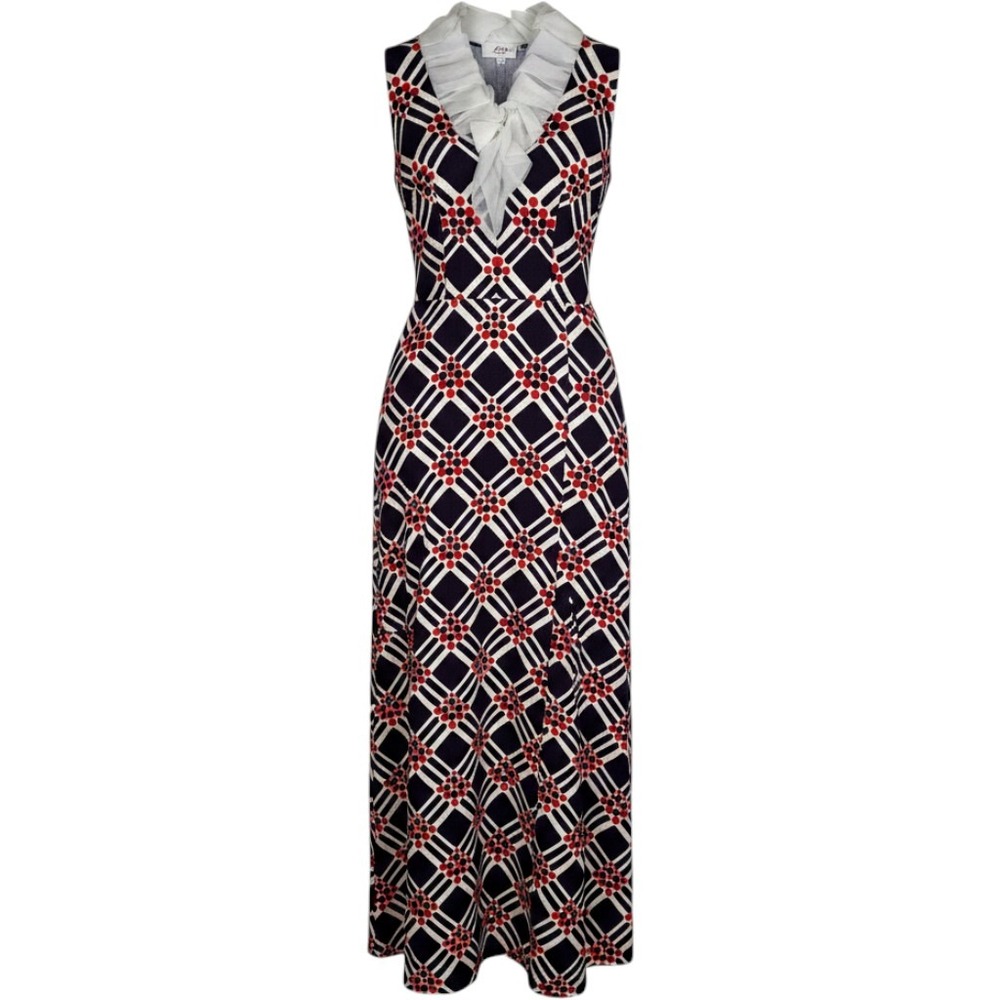Vintage Futura Couture New York Ruffle Neck Geometric Maxi Dress Navy Red White